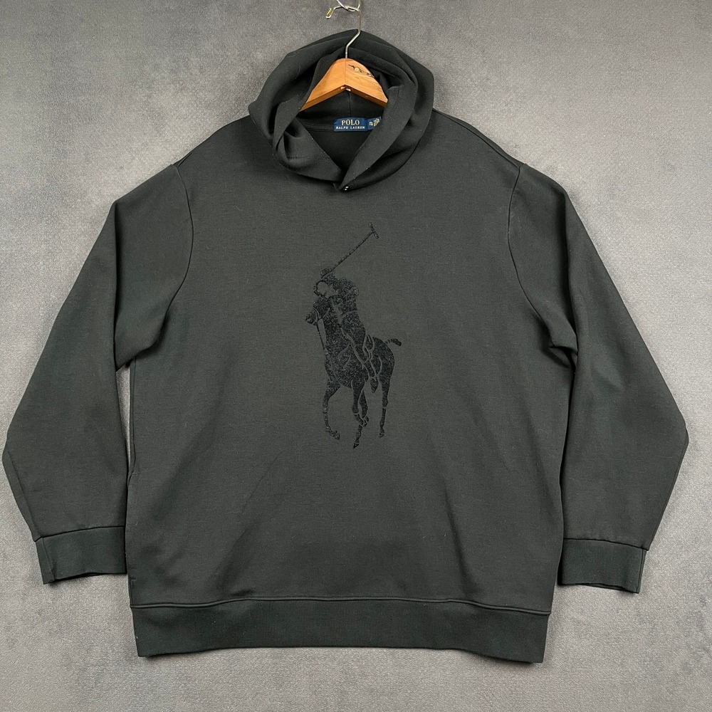 Polo Ralph Lauren Hoodie Men XXL Black Big Pony Tonal Logo Pullover Sweatshirt
